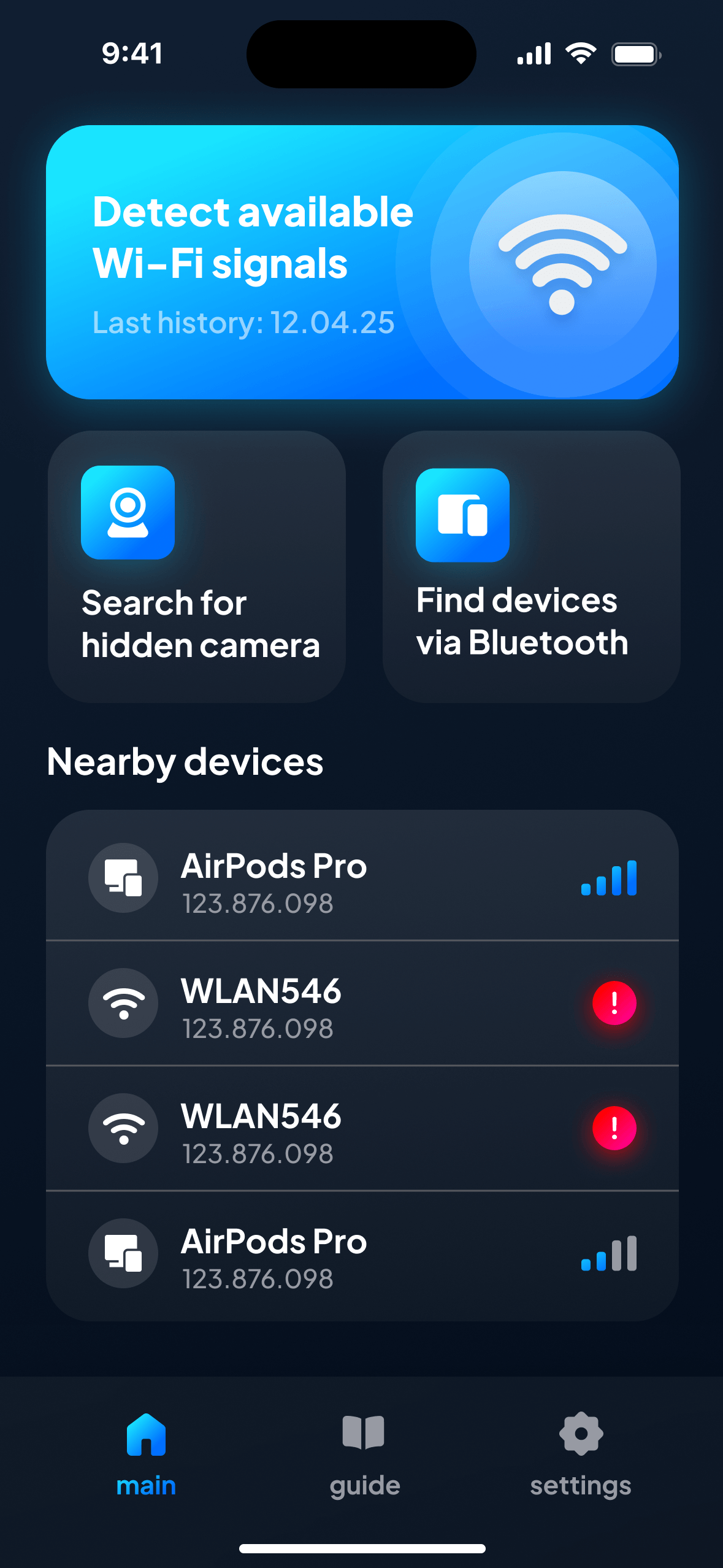 NoSpy main screen — Detect Wi-Fi signals + nearby devices